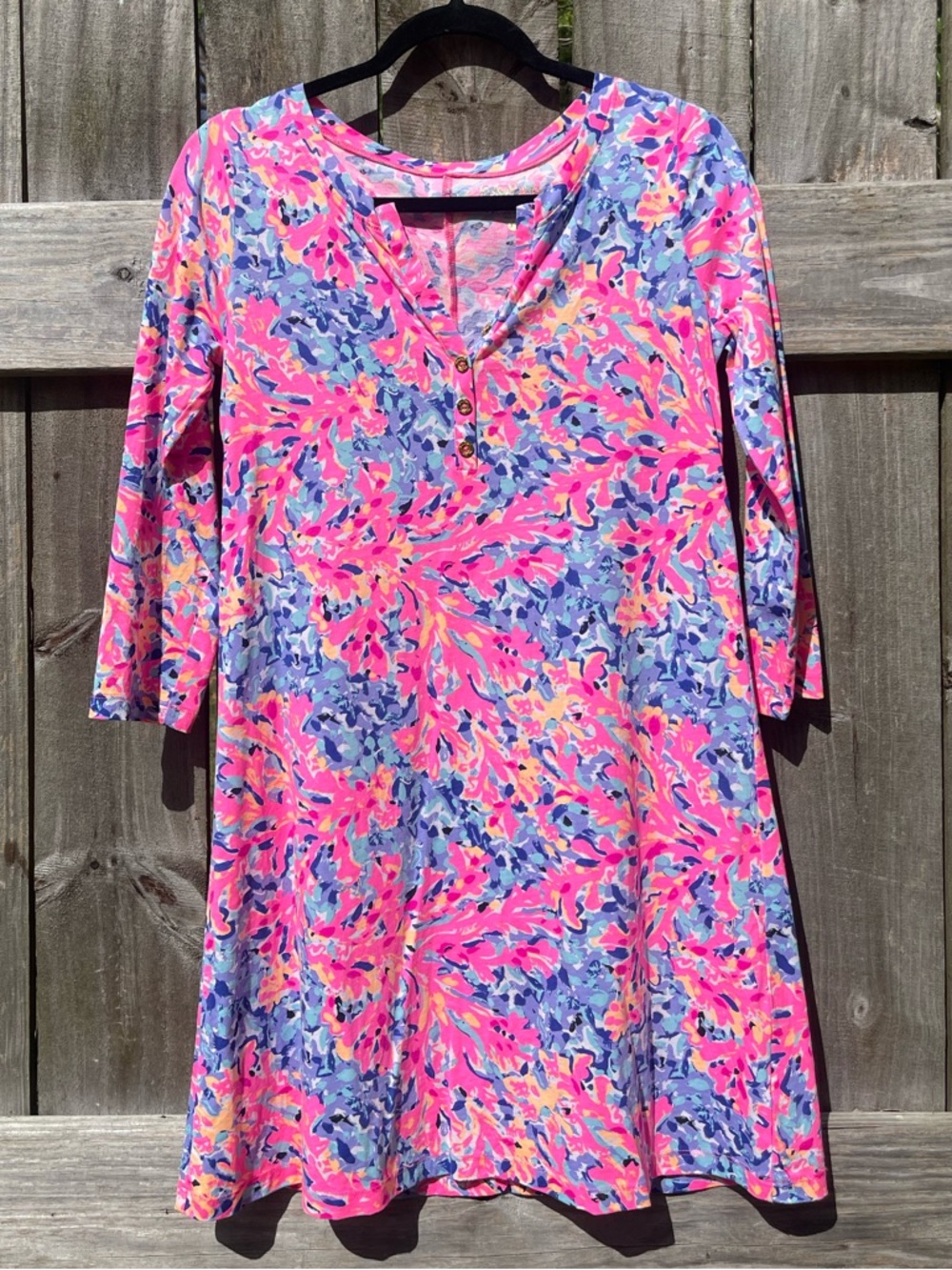 Lilly Pulitzer Pink Floral Midi Swing Dress with Blue, Pink, & Purple Accents